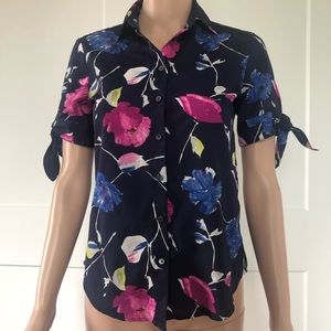 Banana Republic Navy Dillon Pink Floral Navy Blue Blouse PXXS Petite